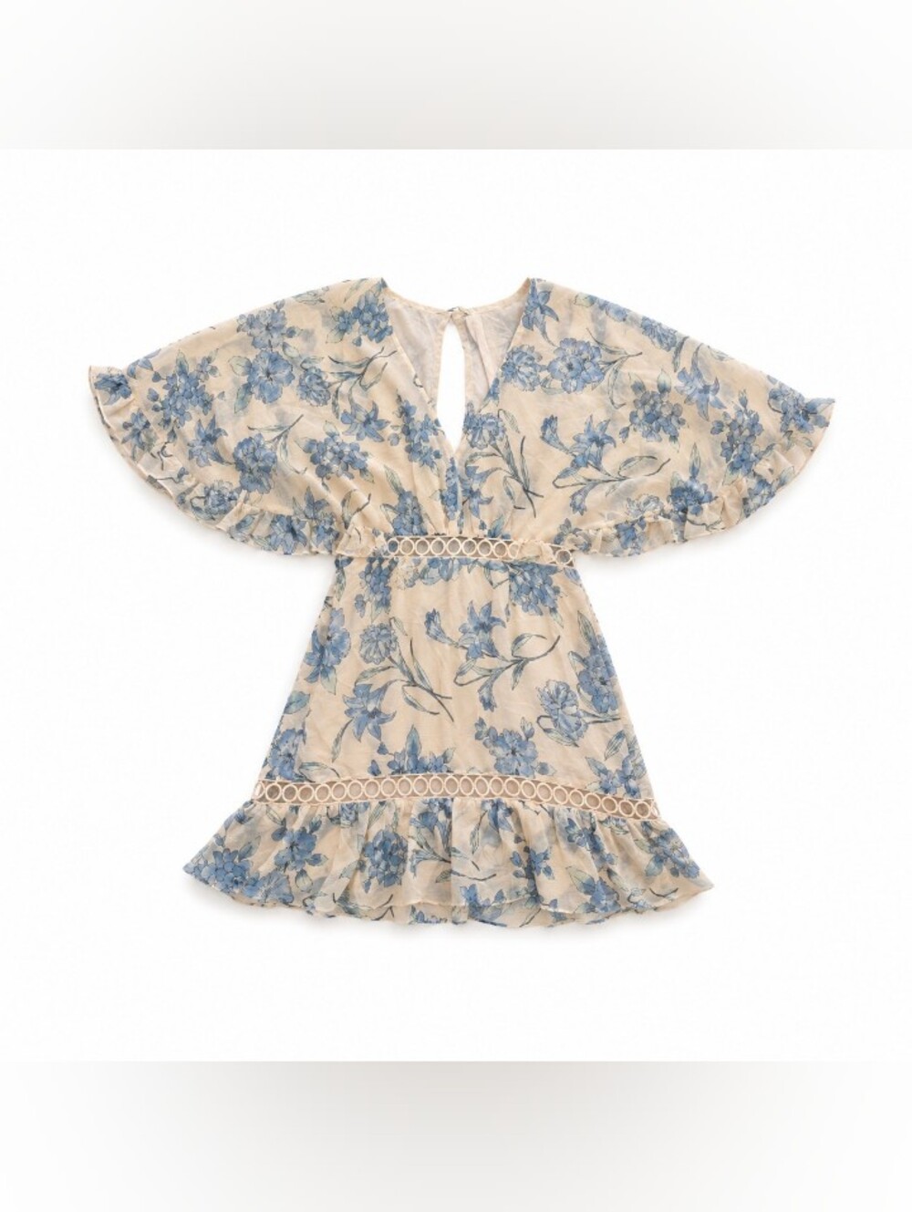 Floral Ruffle Mini With Waist Cut Outs Dress in Cream and Blue, Size 8